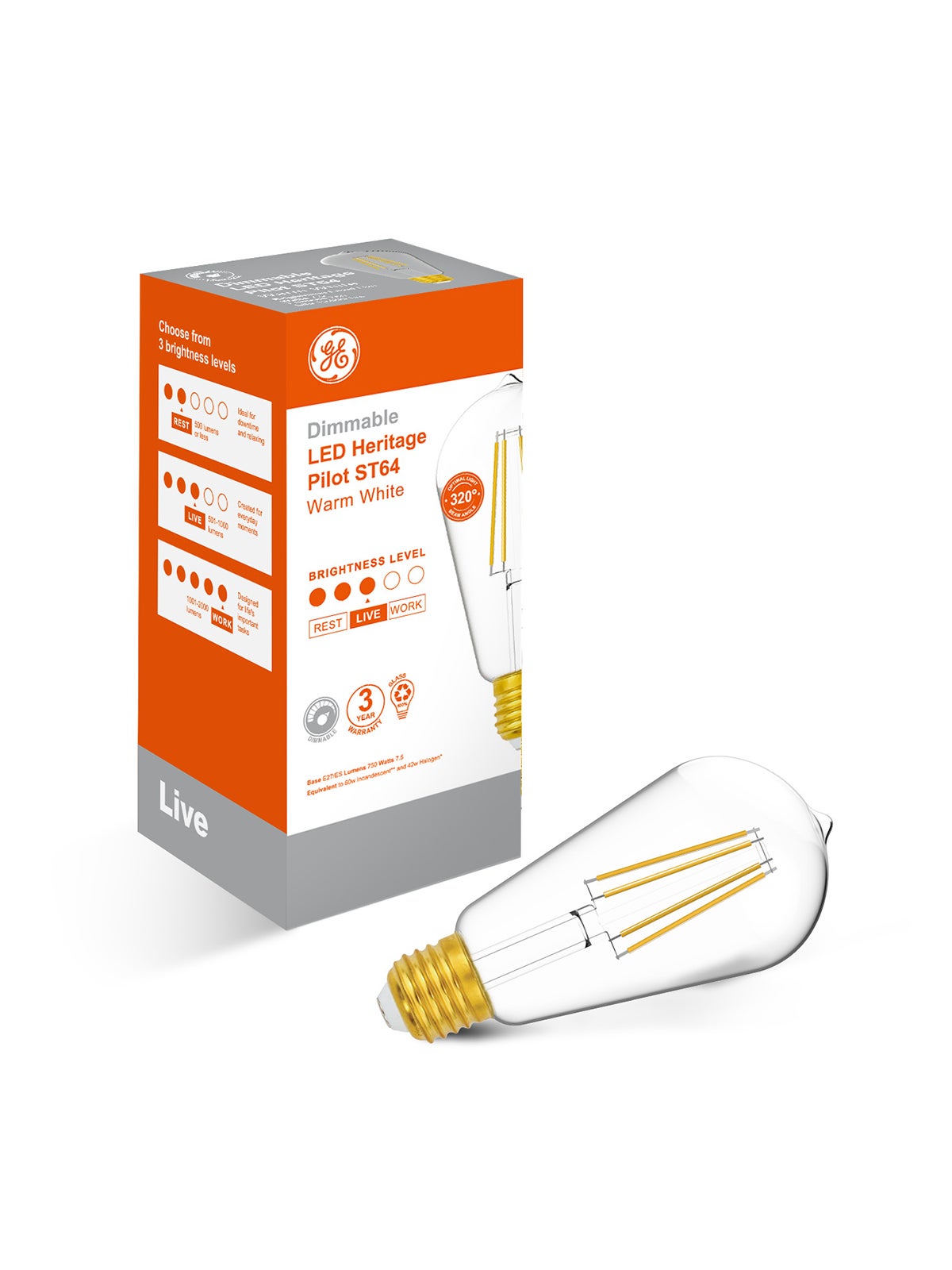 GE LED Pilot ST64 Dim 6W ES WW 806LM