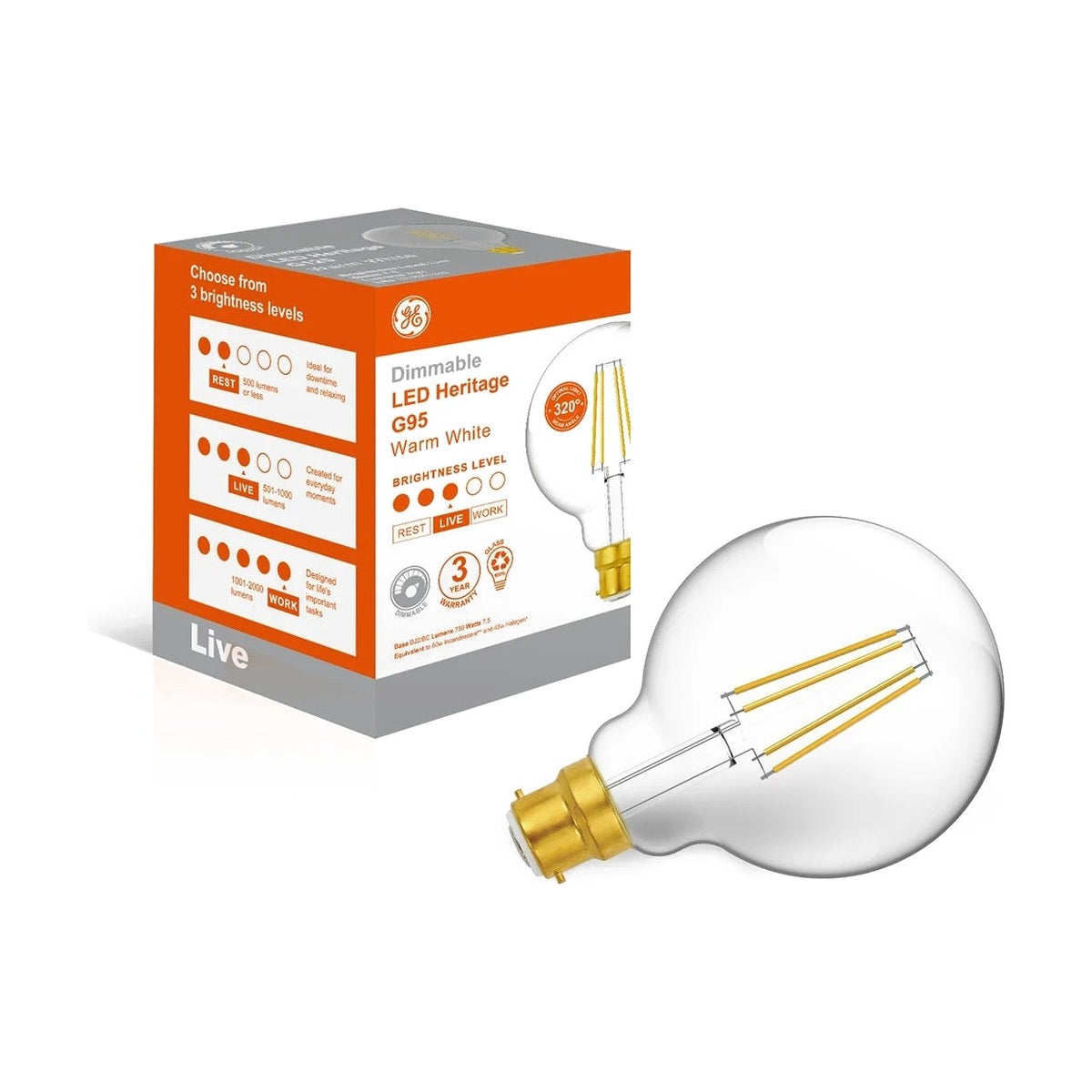 LED Globe Light Bulb - B22 G95 7.5W Clear Dimmable