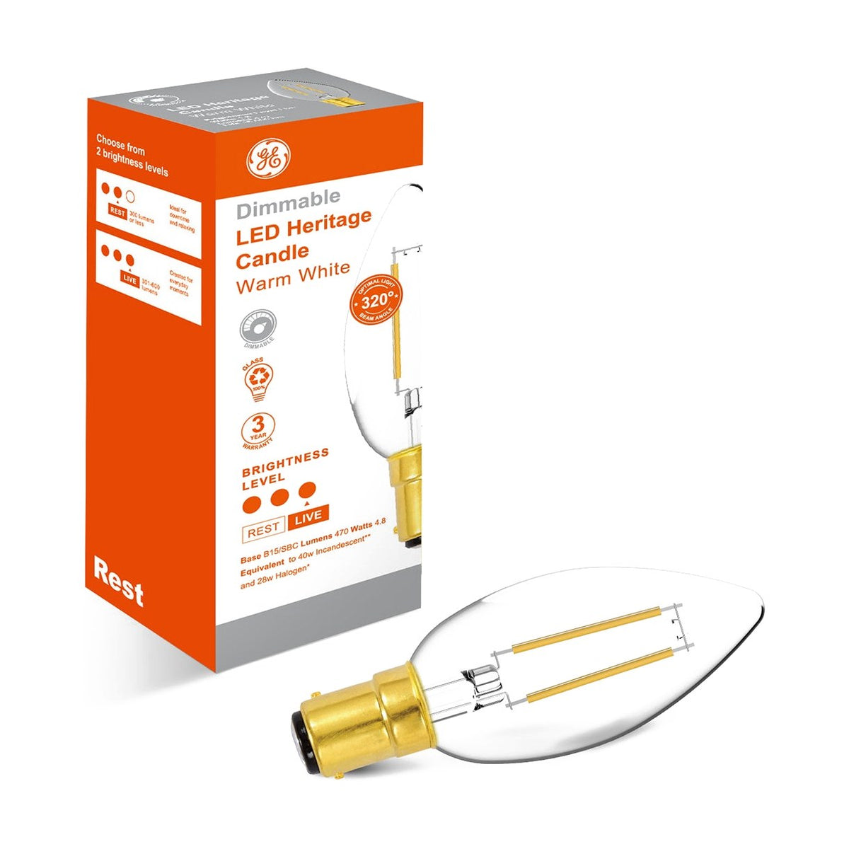LED Candle Light Bulb - B15 Bullet Top 4.8W Clear Dimmable
