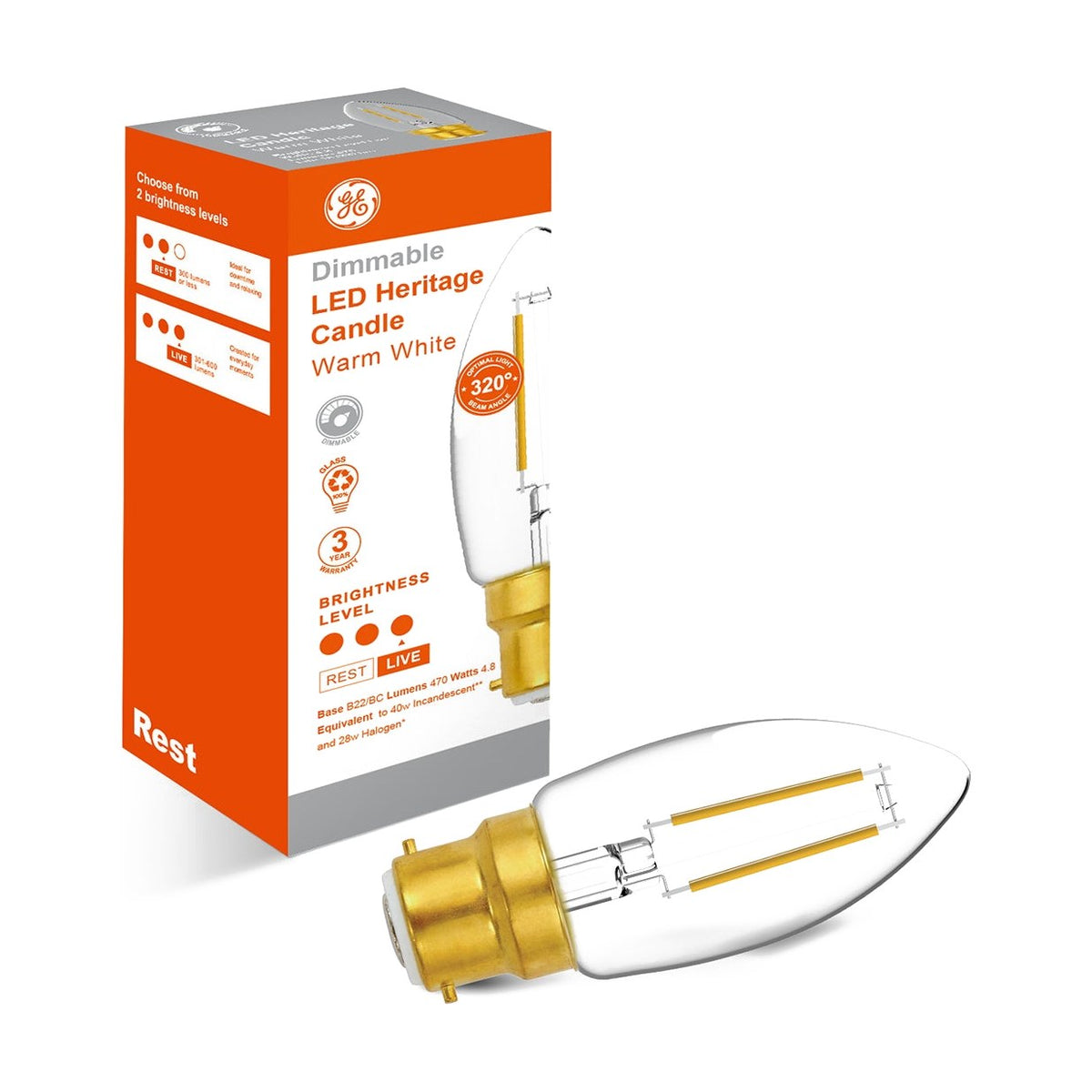 LED Candle Light Bulb - B22 Bullet Top 4.8W Clear Dimmable