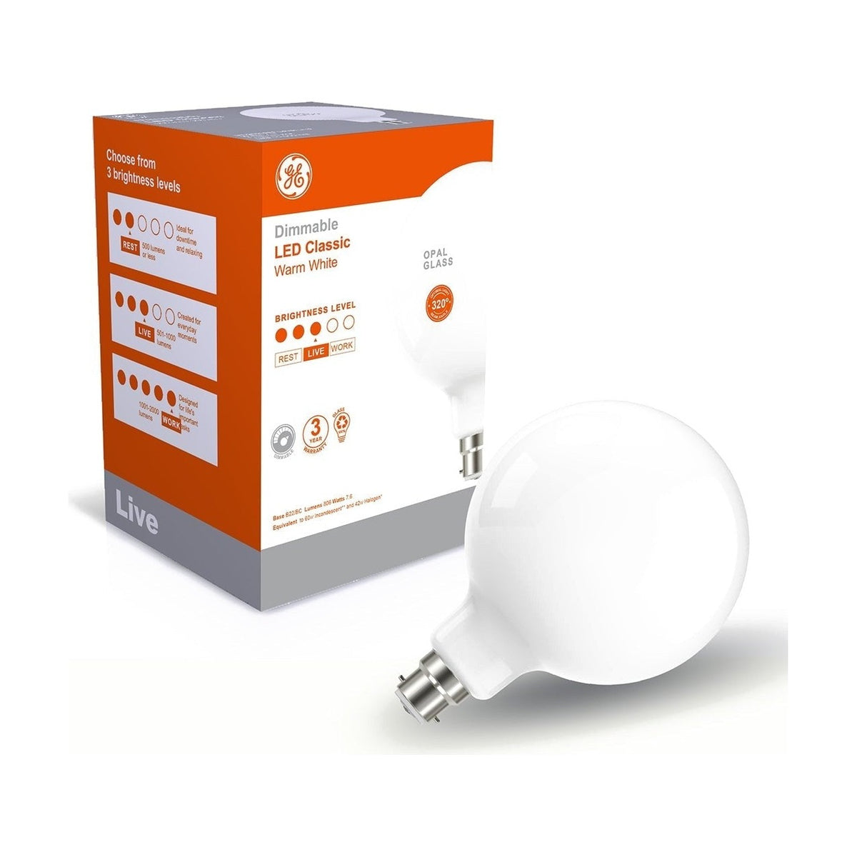LED Globe Light Bulb - B22 G125 7.6W Opal Dimmable