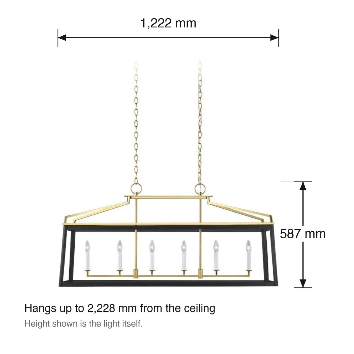 Carlow 6 Light Linear Lantern Chandelier by Visual Comfort dimensions in millimetres