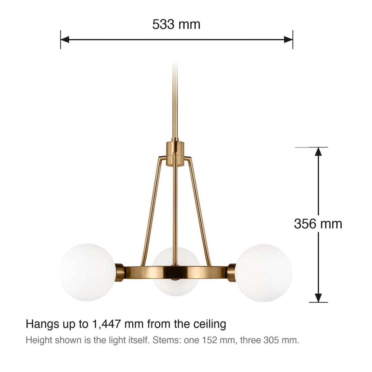 Clybourn Medium 3 Light Chandelier by Visual Comfort dimensions in millimetres