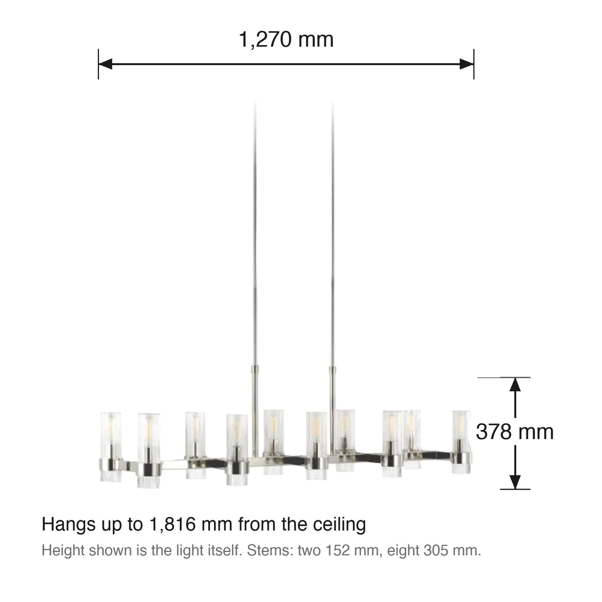 Geneva 10 Light Linear Chandelier by Visual Comfort dimensions in millimetres