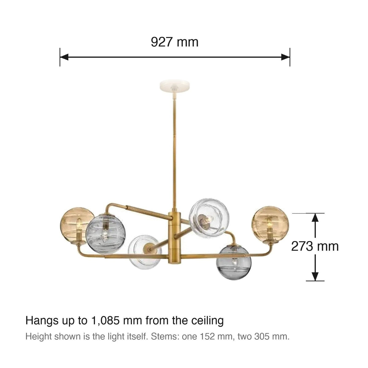 Oberon 6 Light Chandelier by Hinkley dimensions in millimetres