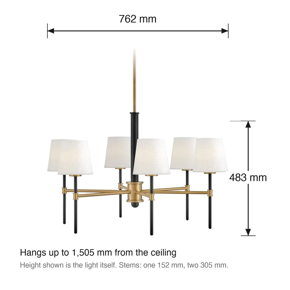 Saunders 6 Light Chandelier by Hinkley dimensions in millimetres
