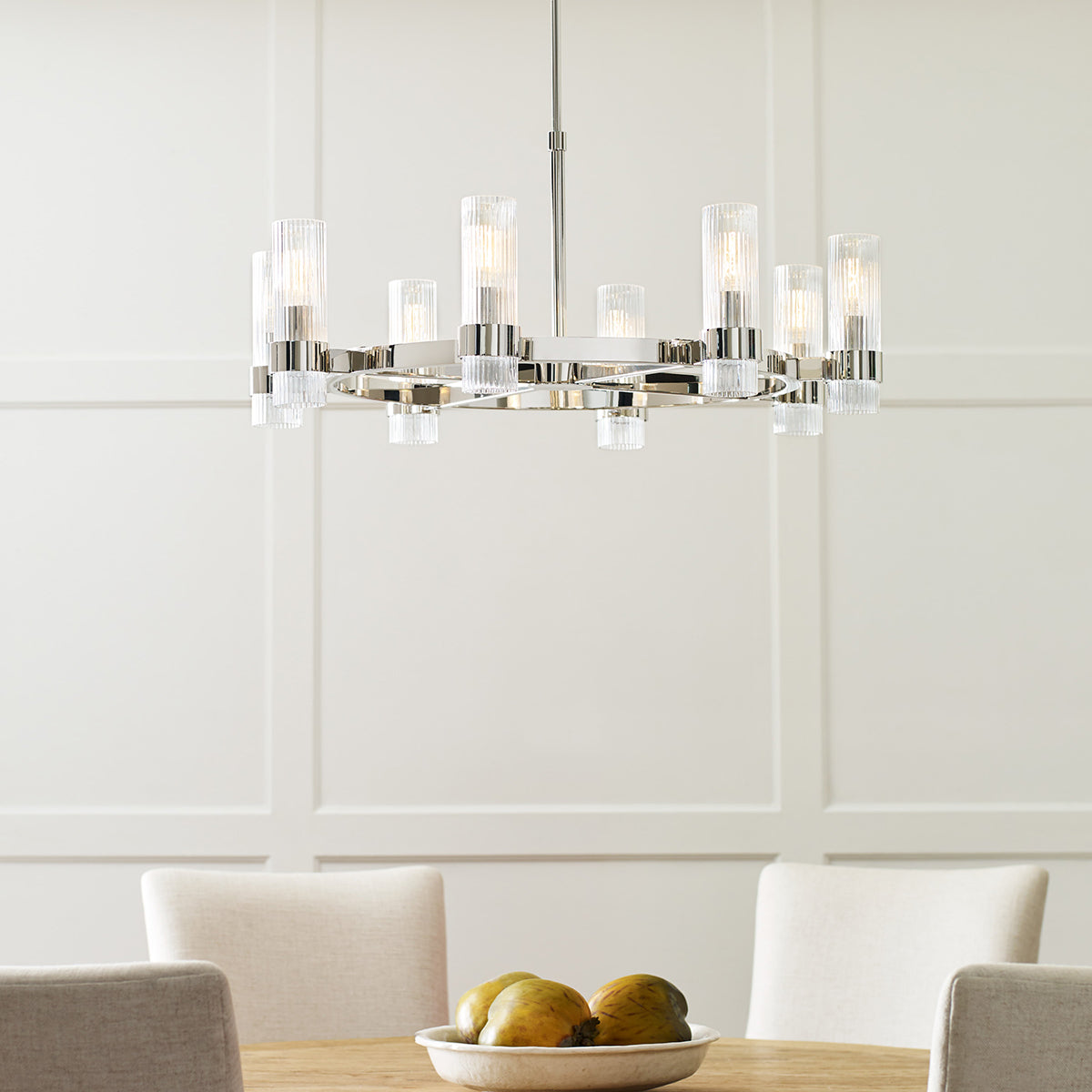 Geneva 8 Light Chandelier by Visual Comfort in Polished Nickel, shown in a styled interior