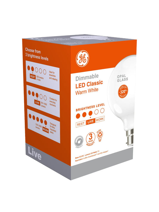GE LED G95 OPAL DIM 7.6W BC WW 806LM