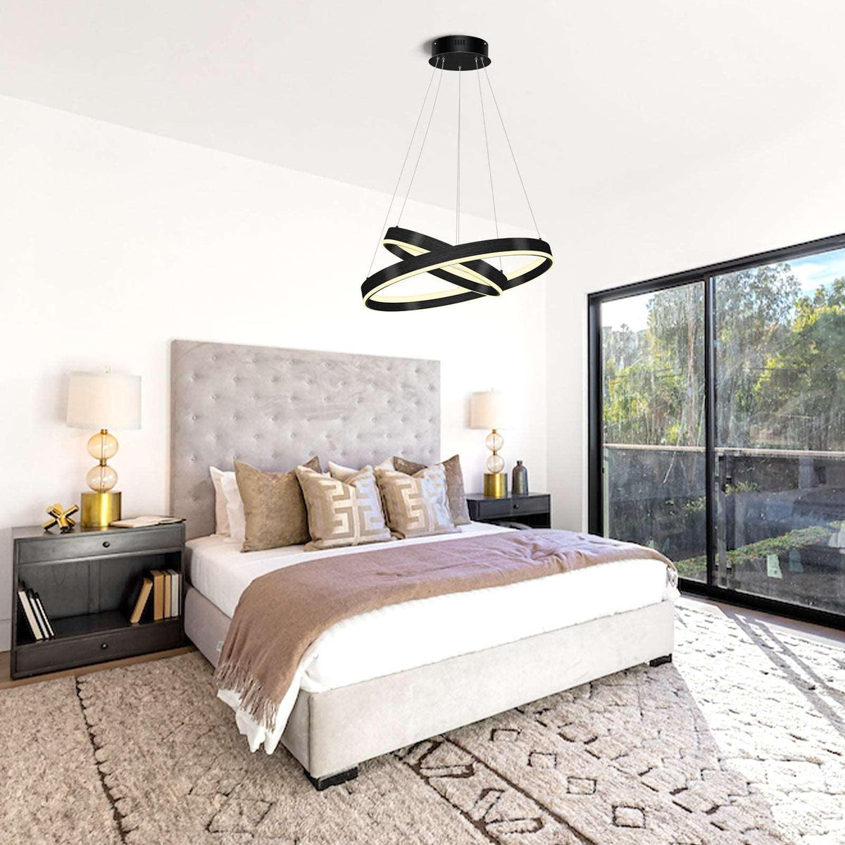 Orzano Twin Ring LED Pendant in a styled bedroom