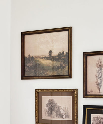 Framed landscape prints on a wall