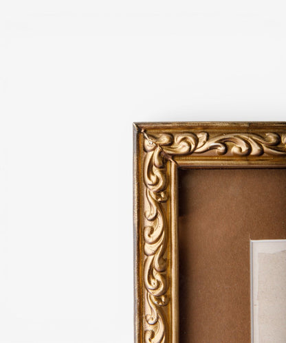 Close-up of a gold ornate picture frame on a white background