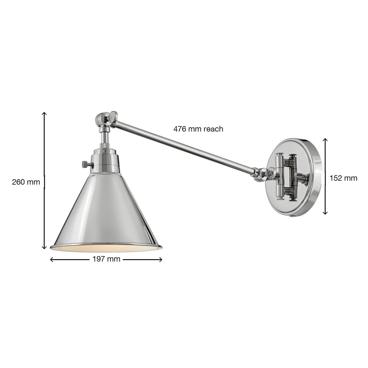 Arti swing-arm sconce dimensions: 260 mm high, 197 mm shade, 476 mm reach, 152 mm backplate