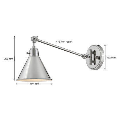 Arti swing-arm sconce dimensions: 260 mm high, 197 mm shade, 476 mm reach, 152 mm backplate