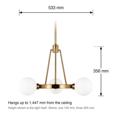 Clybourn Medium 3 Light Chandelier by Visual Comfort dimensions in millimetres