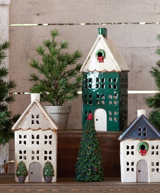 Christmas Tea Light House Green with Wreath Large