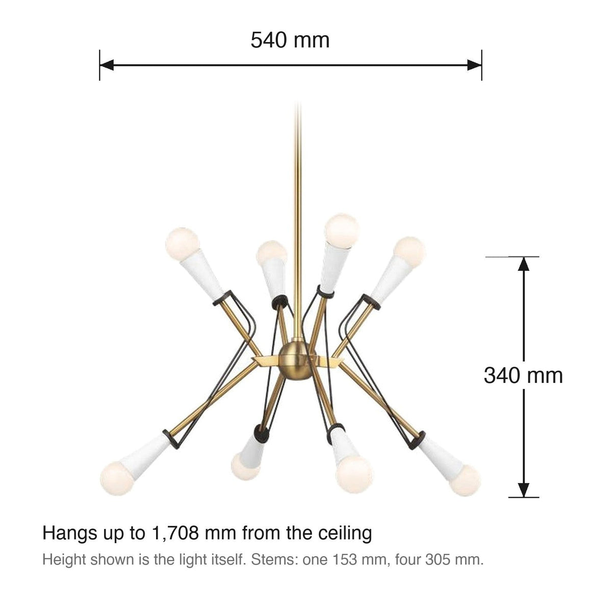 Piro 8 Light Chandelier by Visual Comfort dimensions in millimetres