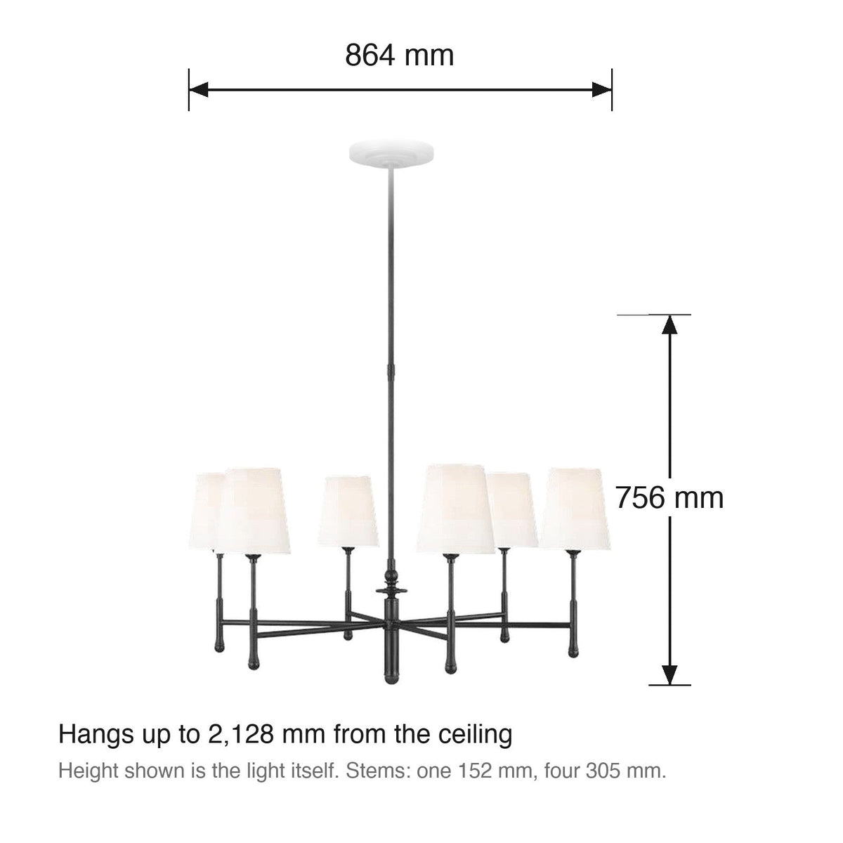 Capri 6 Light Chandelier by Visual Comfort dimensions in millimetres