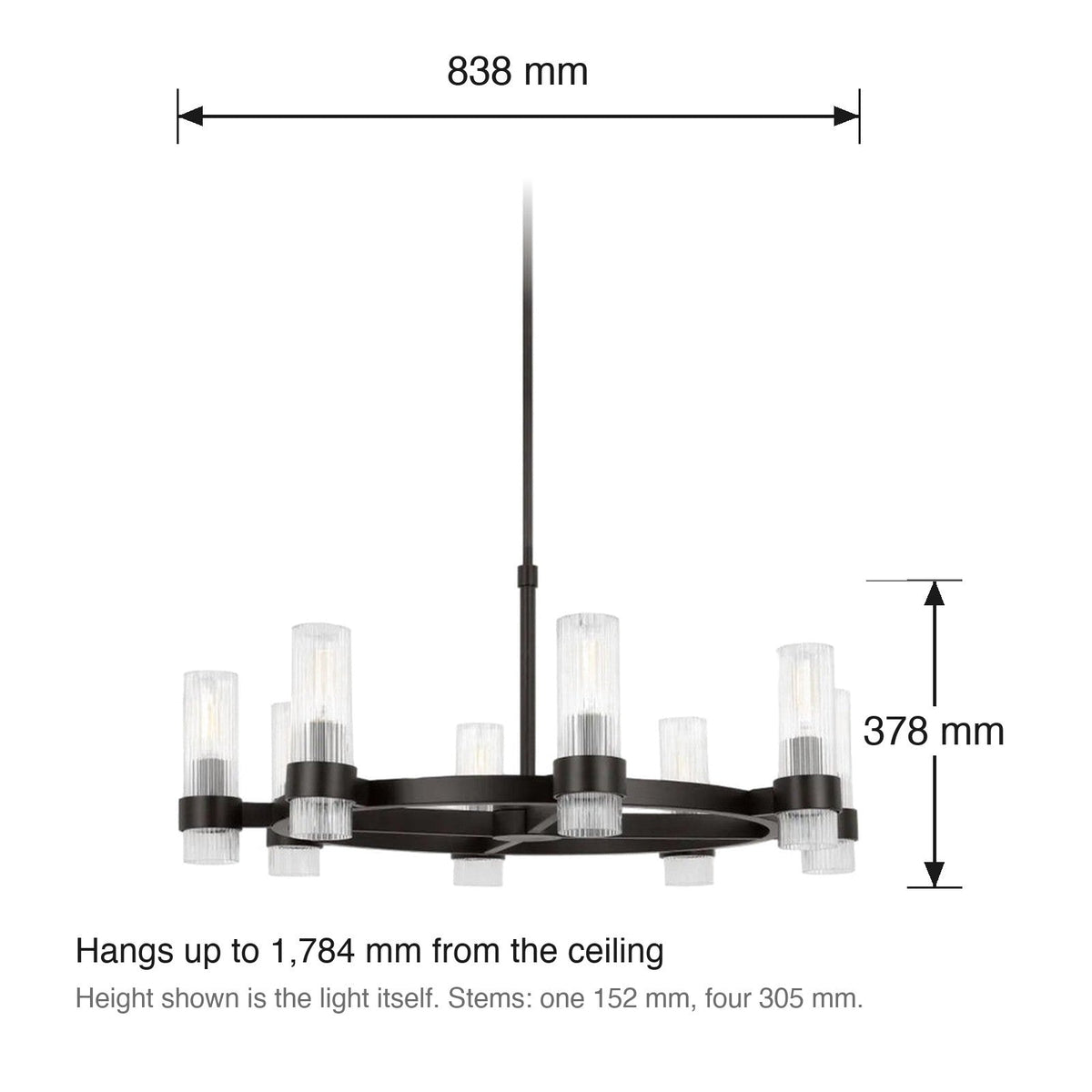Geneva 8 Light Chandelier by Visual Comfort dimensions in millimetres