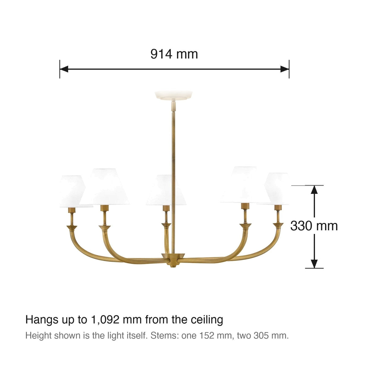Greta 5 Light Chandelier by Hinkley dimensions in millimetres