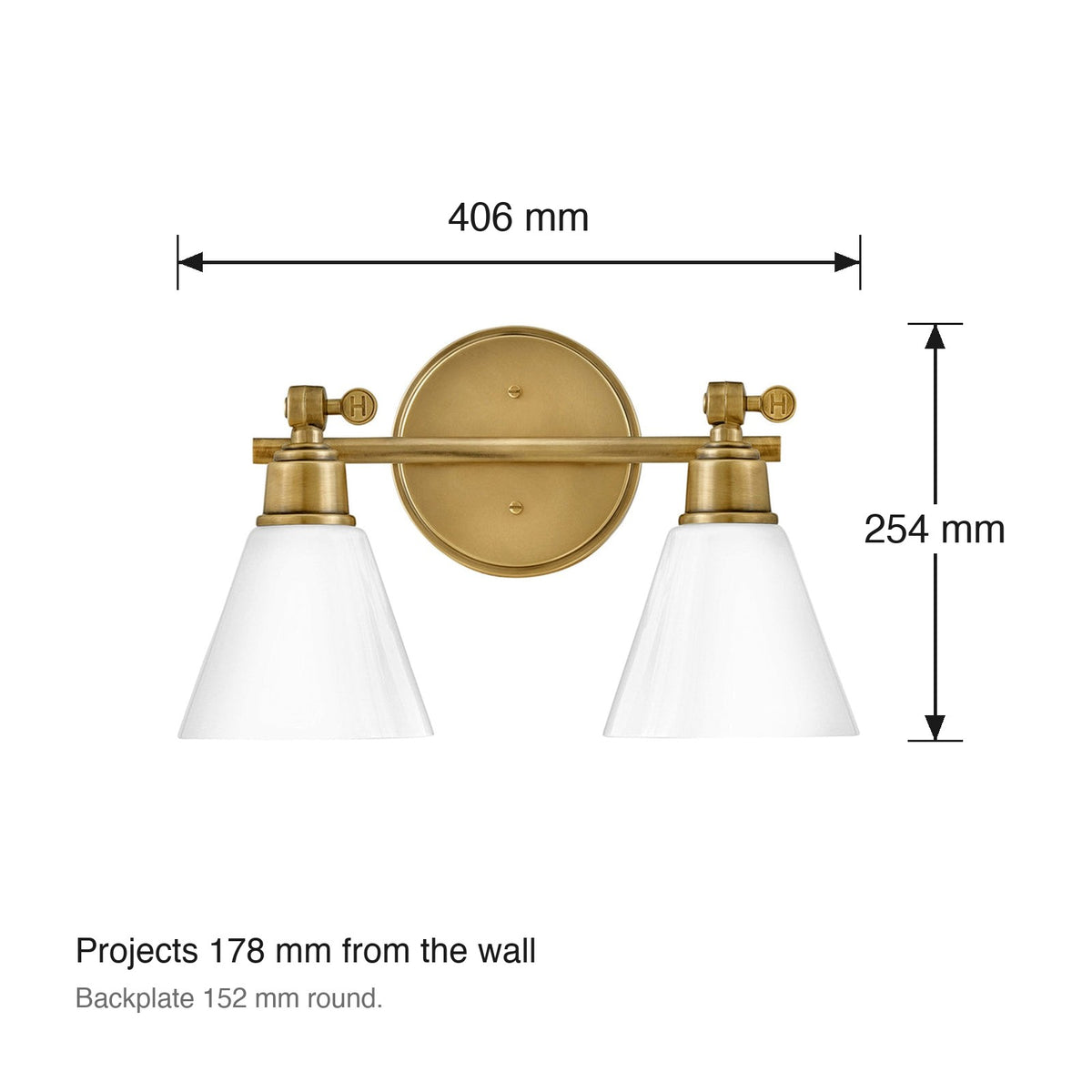 Arti 2 Light Vanity Wall Sconce by Hinkley dimensions in millimetres