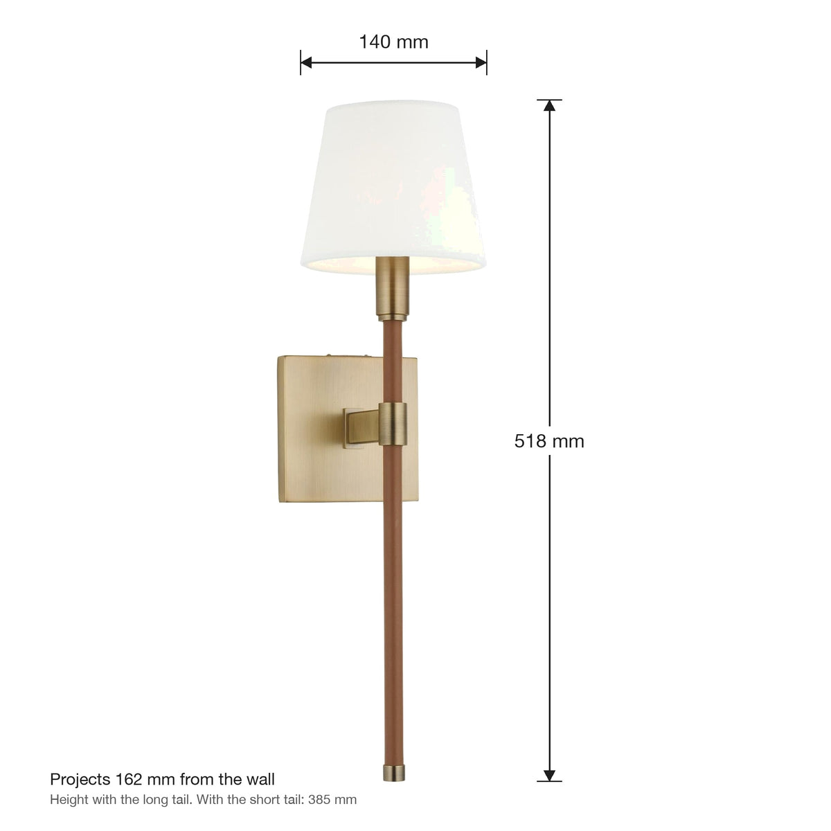 Katie wall sconce dimensions: 518 mm high, 140 mm wide, projects 162 mm from the wall