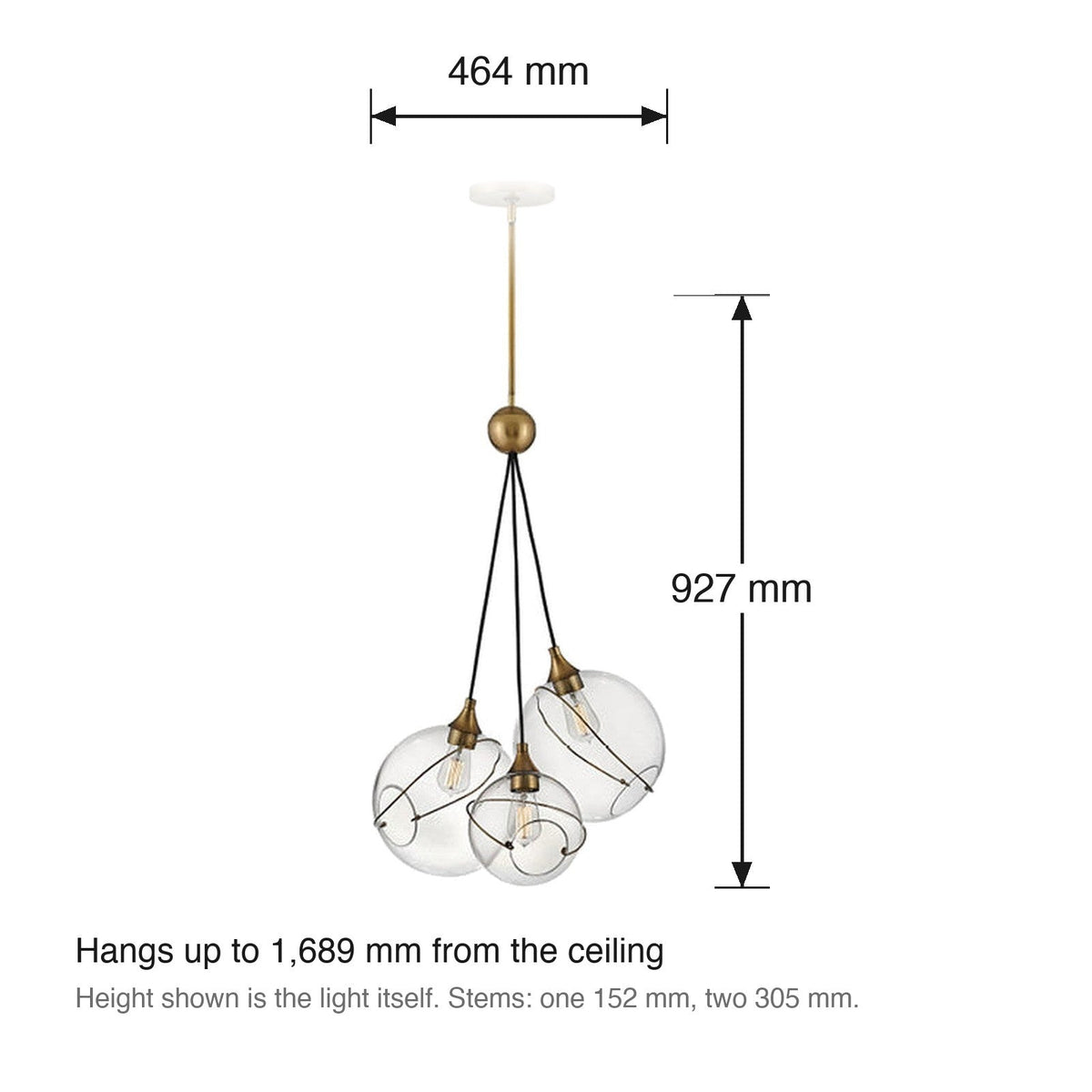 Skye 3 Light Cluster Pendant by Hinkley dimensions in millimetres